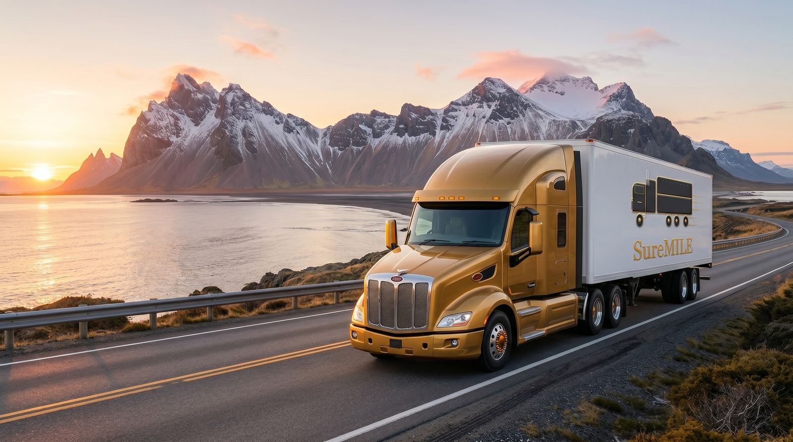 SureMile gold cab on a coastal highway at sunset